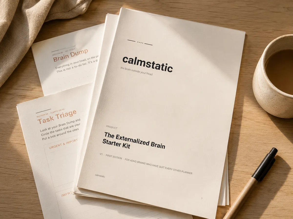 The Calmstatic Starter Kit cover displayed on an iPad on a warm wooden desk, with a sage ceramic mug of tea, a small linen notebook, and a houseplant. A printable planning system for adults with ADHD.
